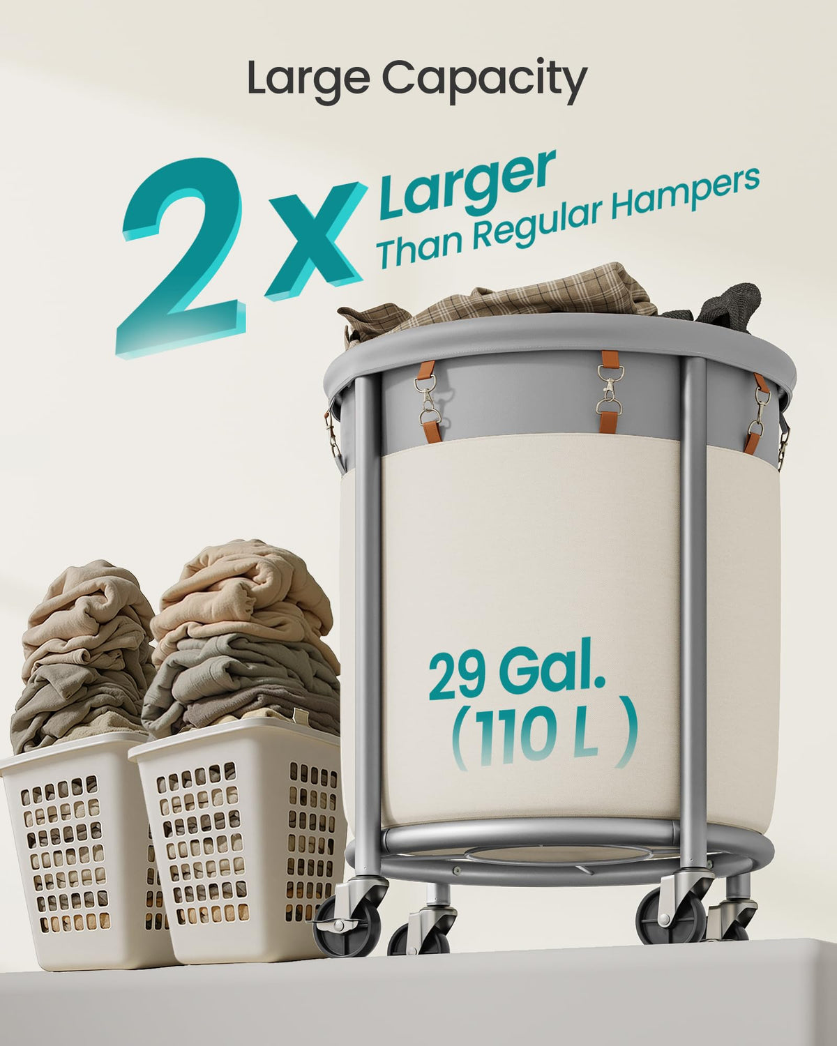 SONGMICS Laundry Basket with Wheels, 29 Gal., Steel Frame, Removable Bag