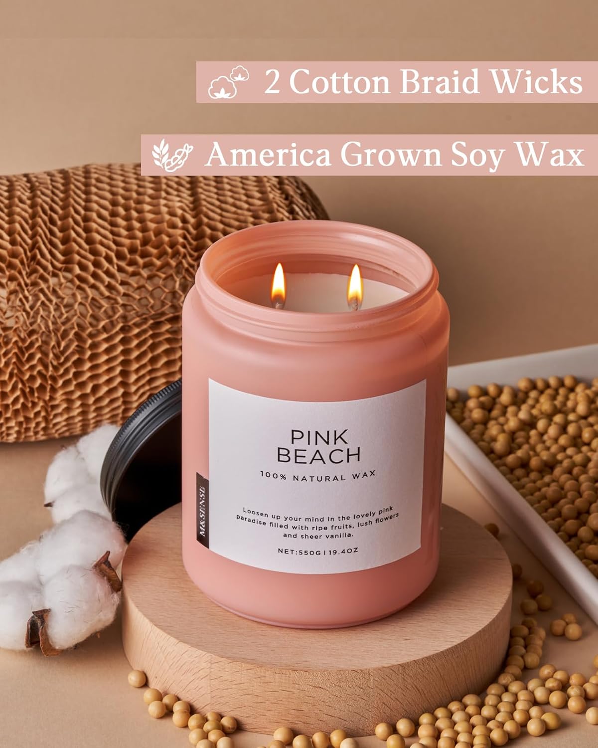 M&SENSE Pink Beach Sands Jar Candle, 19.4oz Pineapple Coconut Scented Natural Soy Candles for Home