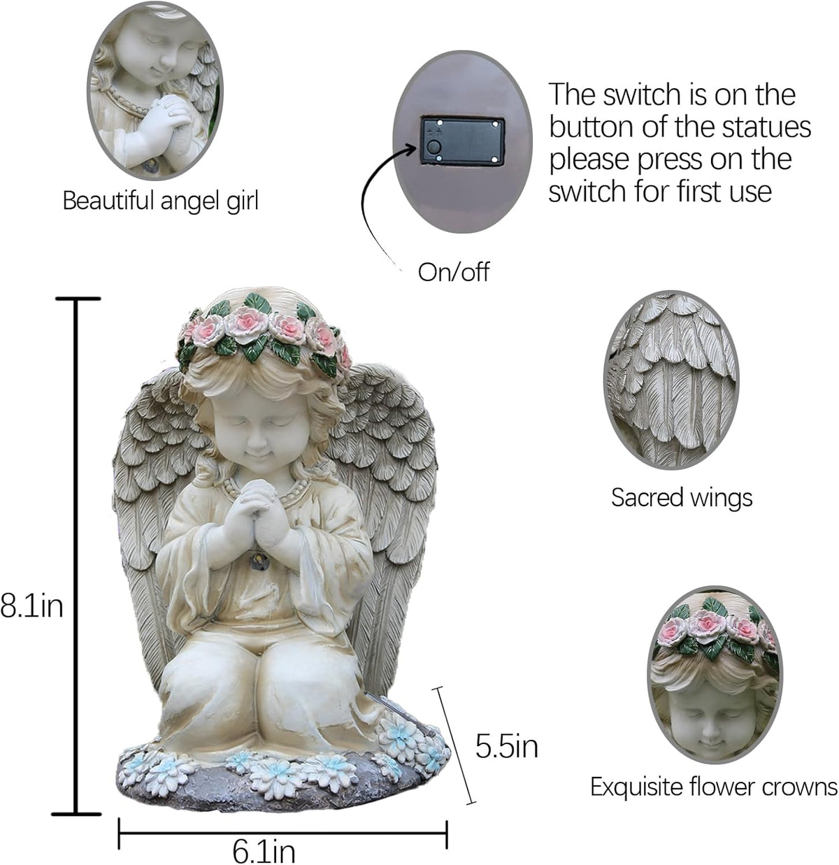 Praying Angels Figurine,Solar Garden Angel Statues, Waterproof Kneeling Angel Sculpture, Outdoor