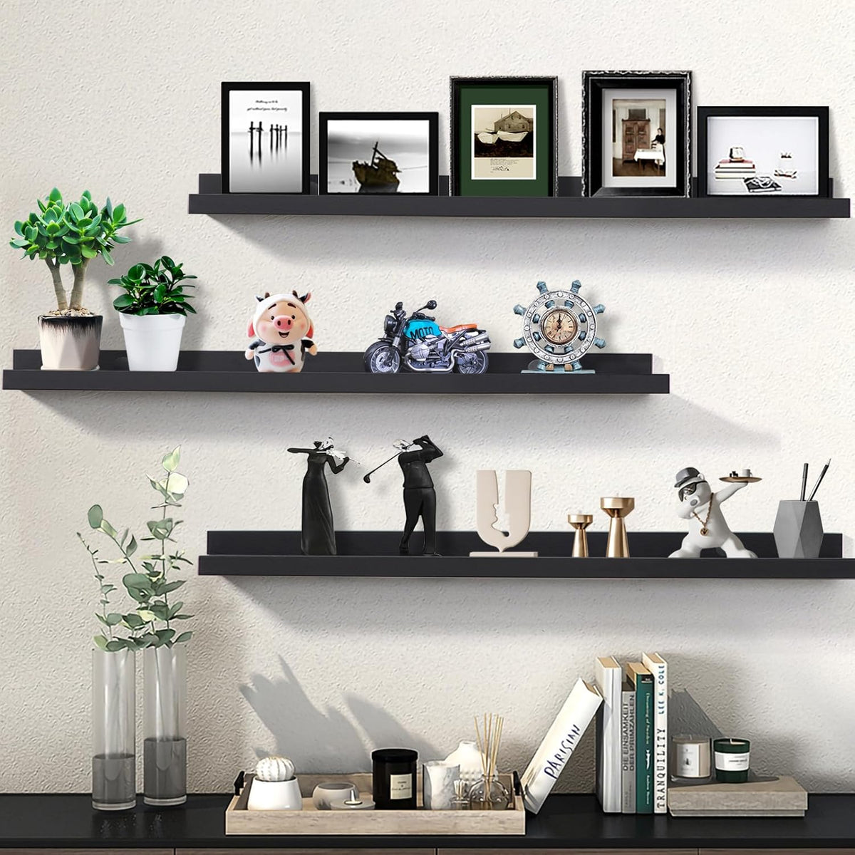 Long Floating Folding Shelves 48 Inch Wood Picture Ledge Shelf with Lip for Wall Black Storage