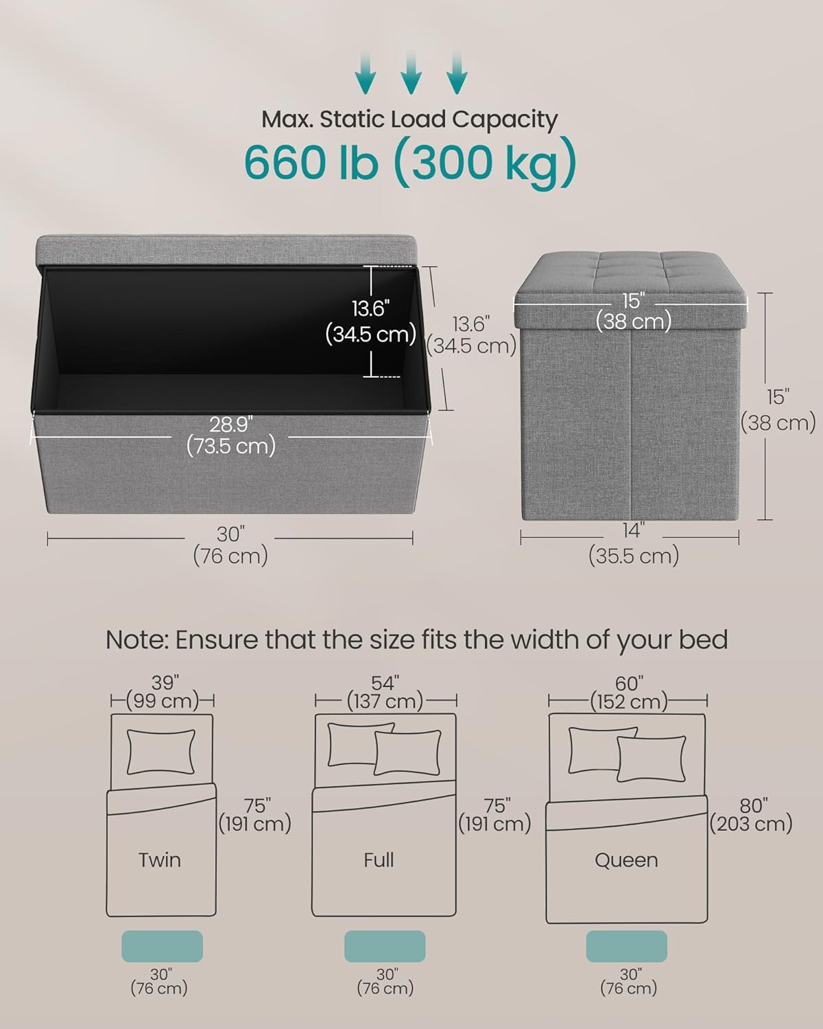 SONGMICS MAZIE Collection - 30 Inches Folding Storage Ottoman Bench, Ottoman Foot Rest, End of Bed