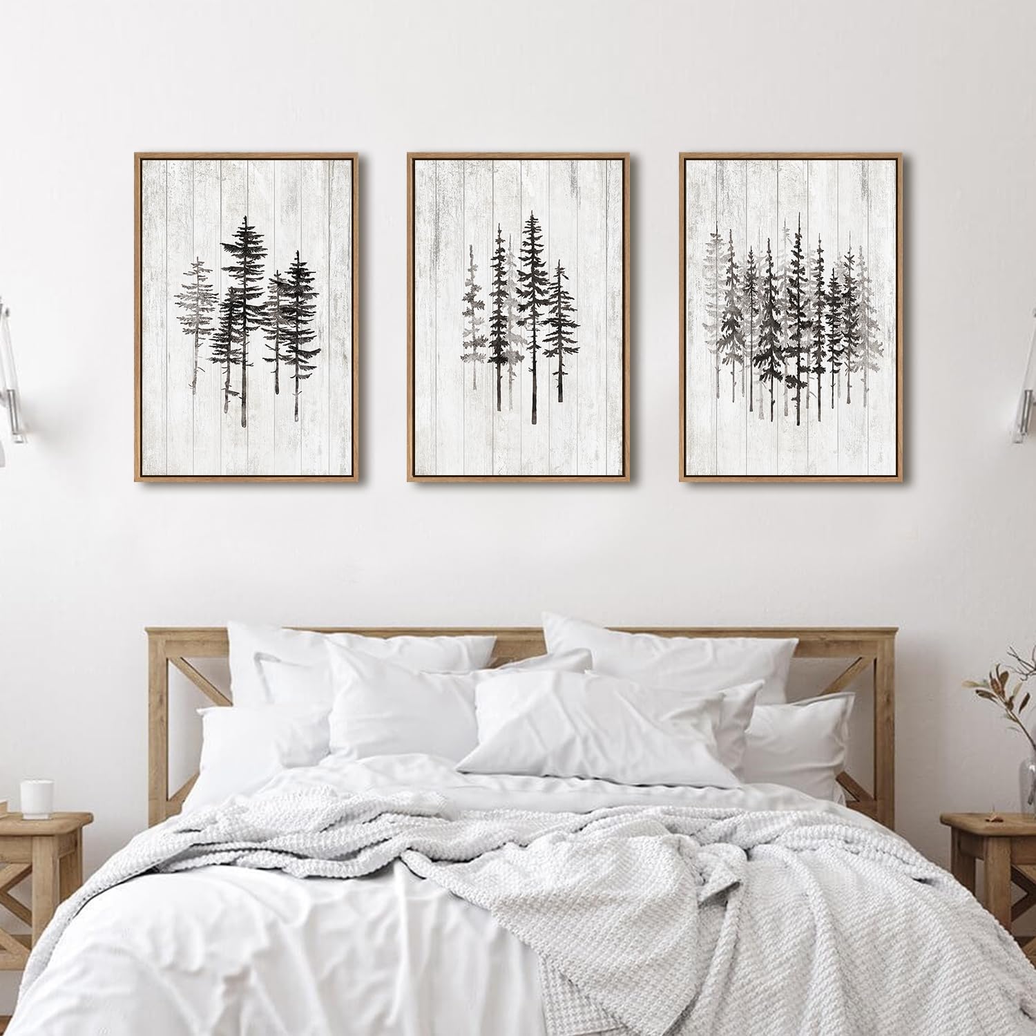 HPINUB Woodcut Style Pine Tree Framed Canvas Wall Art Set, Minimalist Modern Black and White Forest