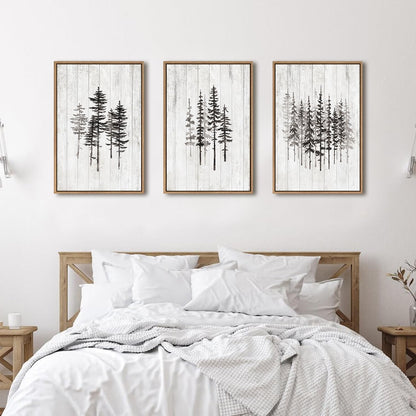 HPINUB Woodcut Style Pine Tree Framed Canvas Wall Art Set, Minimalist Modern Black and White Forest