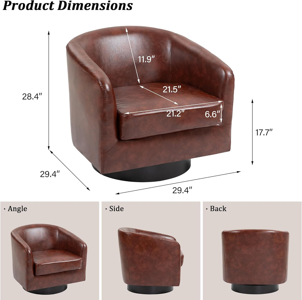 Swivel Barrel Accent Chair, Modern Round Faux Leather Arm Chair for Living Room, Bedroom, Comfy