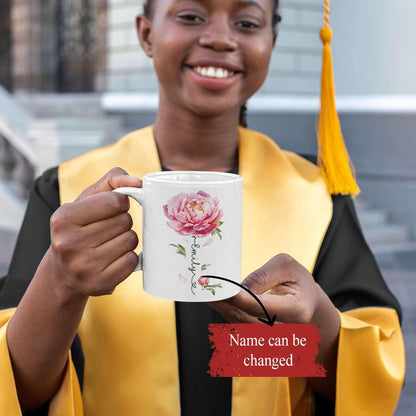 Flower Design Mug With Custom Name, Unique Peony Flower Ceramic Cup, Customized Flower Lover Coffee
