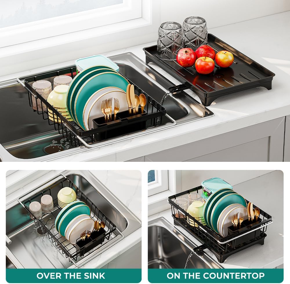 Expandable Dish Drying Rack in Sink, Adjustable Stainless Steel Rustproof Grip Handles Dish Rack