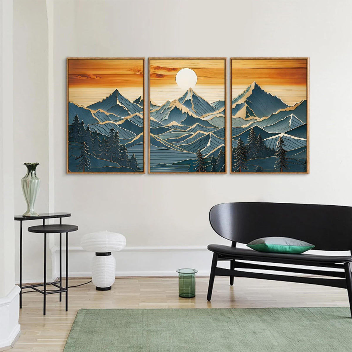 Tinonedraw Vintage Mountain Framed Canvas Wall Art Set of 3, Boho Nature Wilderness Art Prints, Mid