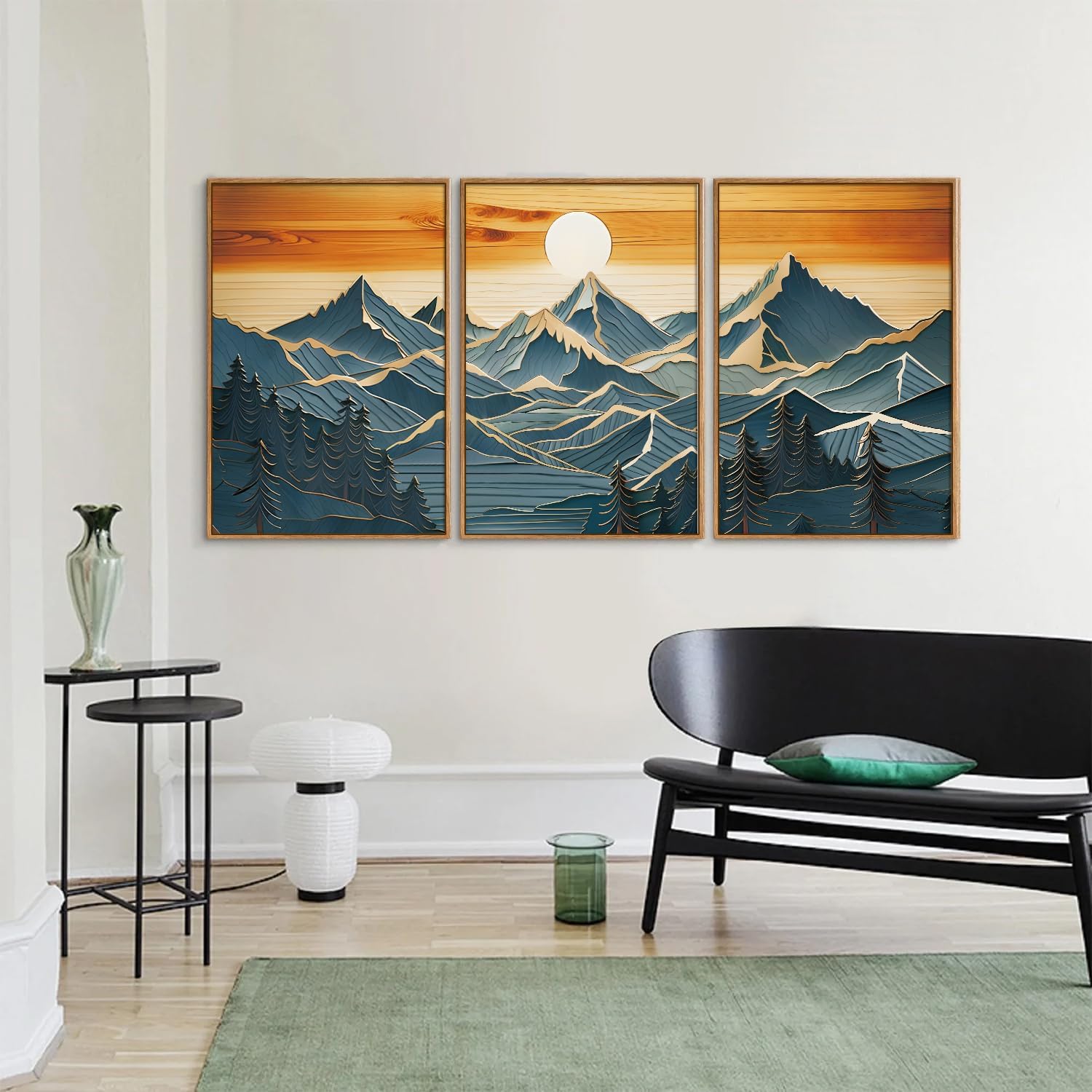Tinonedraw Vintage Mountain Framed Canvas Wall Art Set of 3, Boho Nature Wilderness Art Prints, Mid