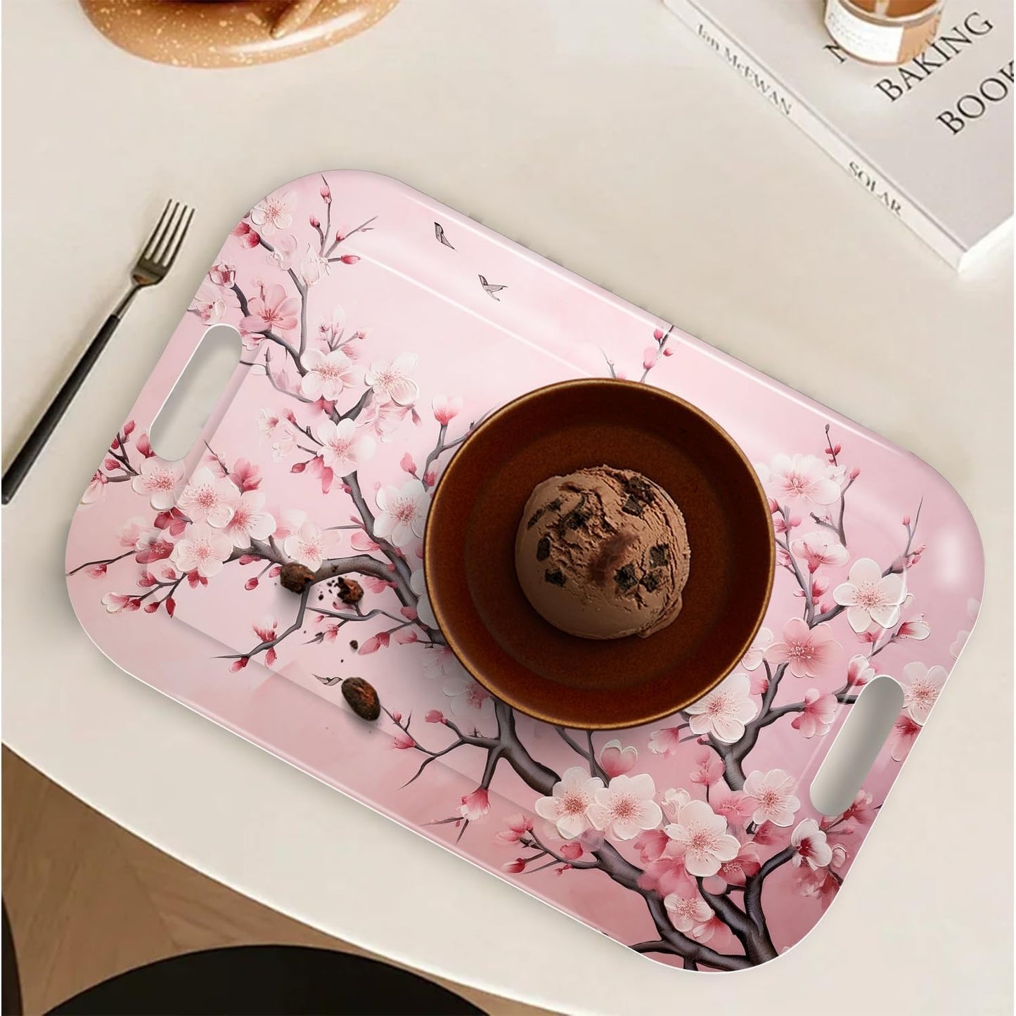 Serving Trays with Handles, 14.5 x 9.8 inch Rectangular Plastic Tray for Restaurant, Kitchen, Pink