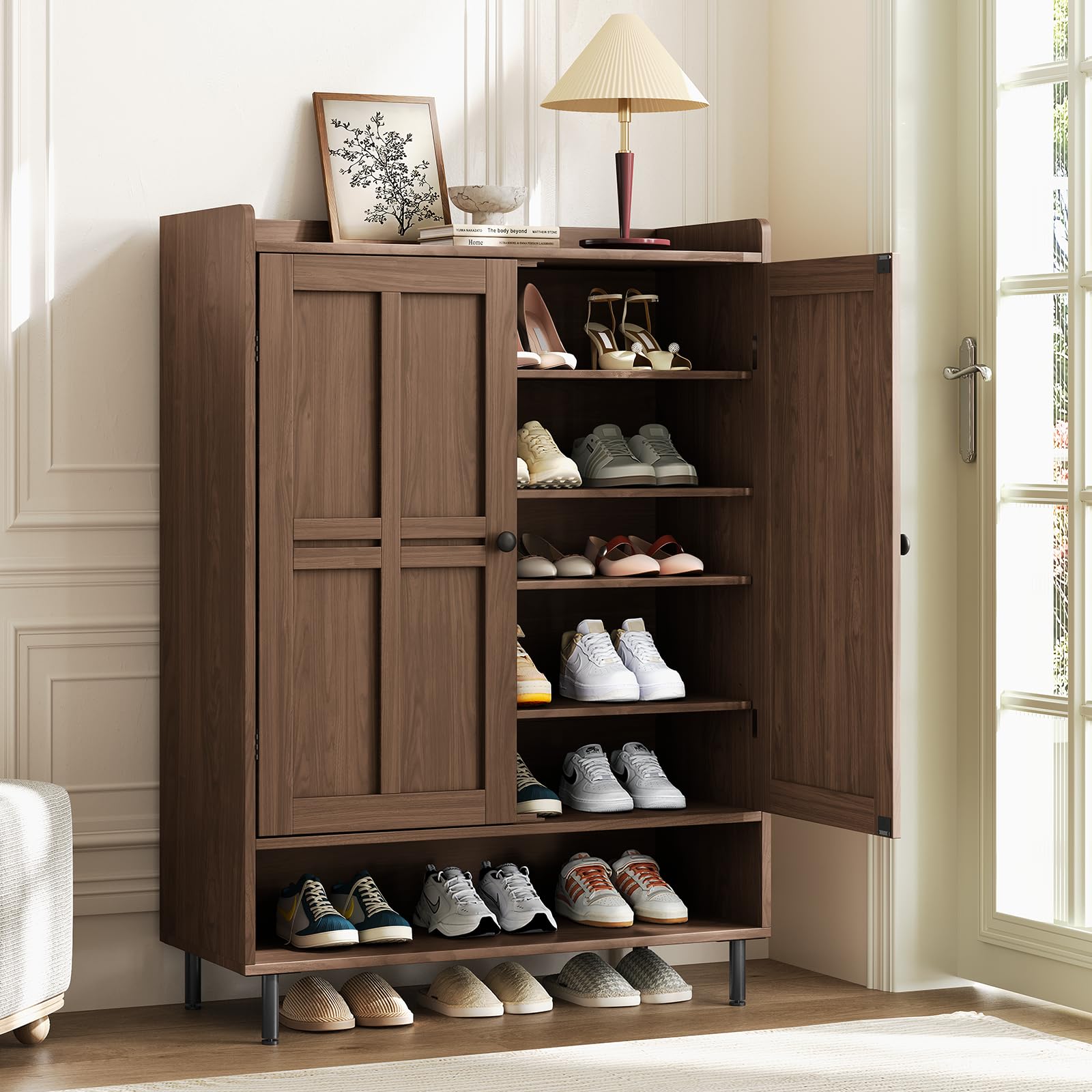 ComfyCorner Shoe Cabinet with Cross Molding Doors, 6-Tier Storage, Walnut