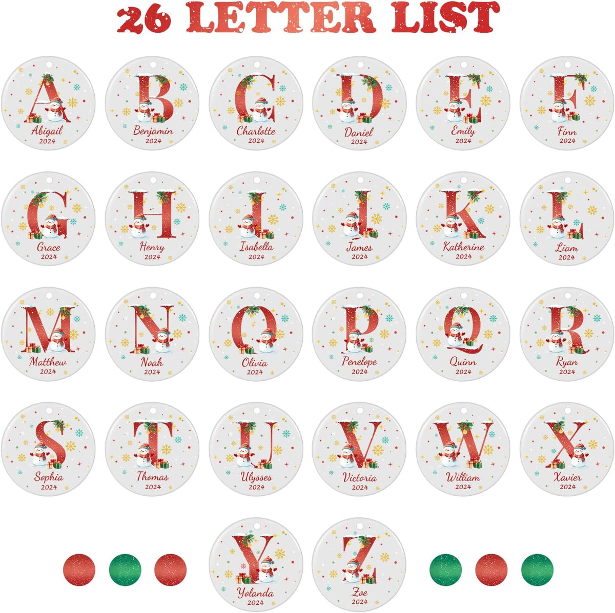 Name Ornaments for Christmas Tree, Custom Initial Monogram Snowman Ceramic Ornament for Kids Boys
