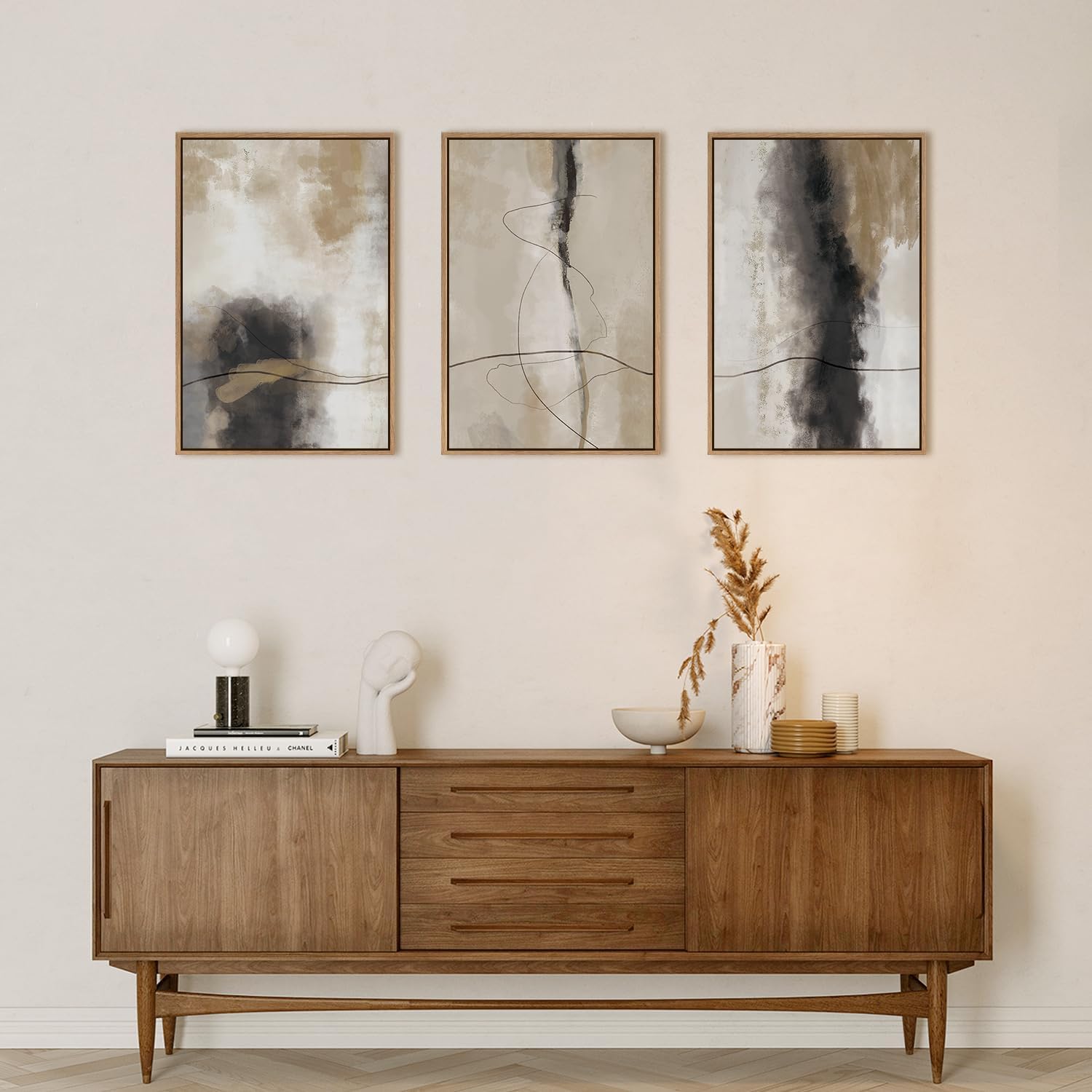 HPINUB Large Modern Abstract Framed Canvas Wall Art Set,Geometric Line Black White and Beige