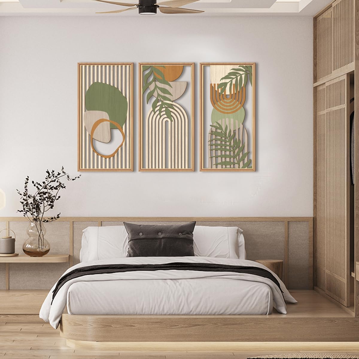IARTTOP Large Boho Wood Wall Art Framed Mid-century Modern Wooden Wall Decor Set of 3 Green