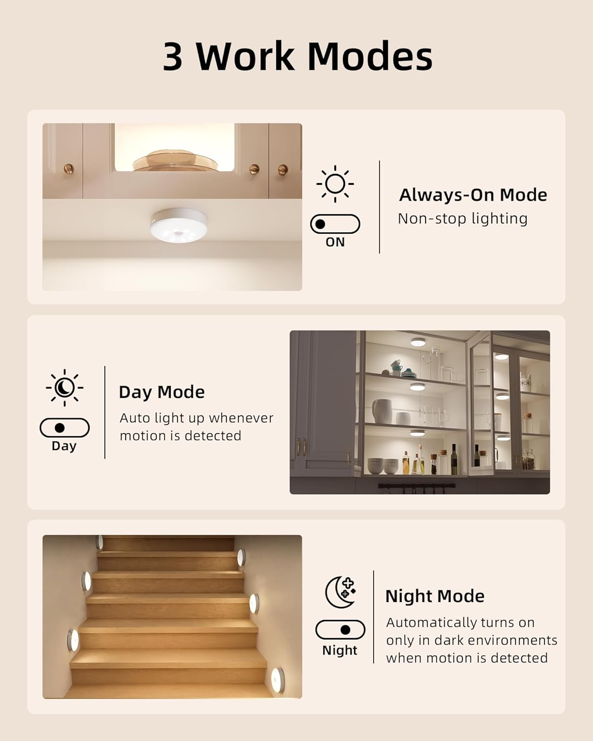 EZVALO 6-Pack Under Cabinet Lighting, Rechargeable Motion Sensor Puck Lights with Remote, 3 Color
