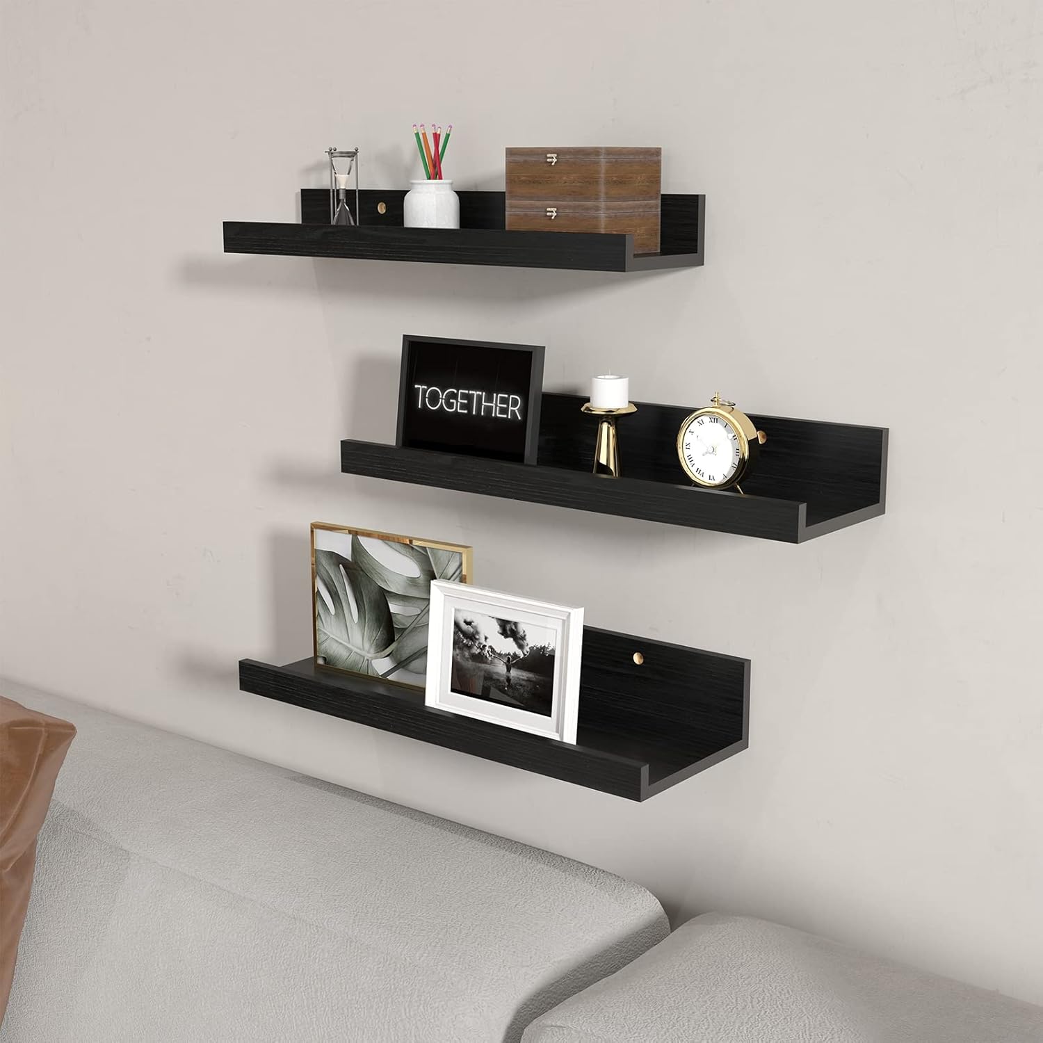 Giftgarden 16 Inch Black Floating Shelves for Wall Mount, Woodgrain Wall Shelf Ledge for Bathroom