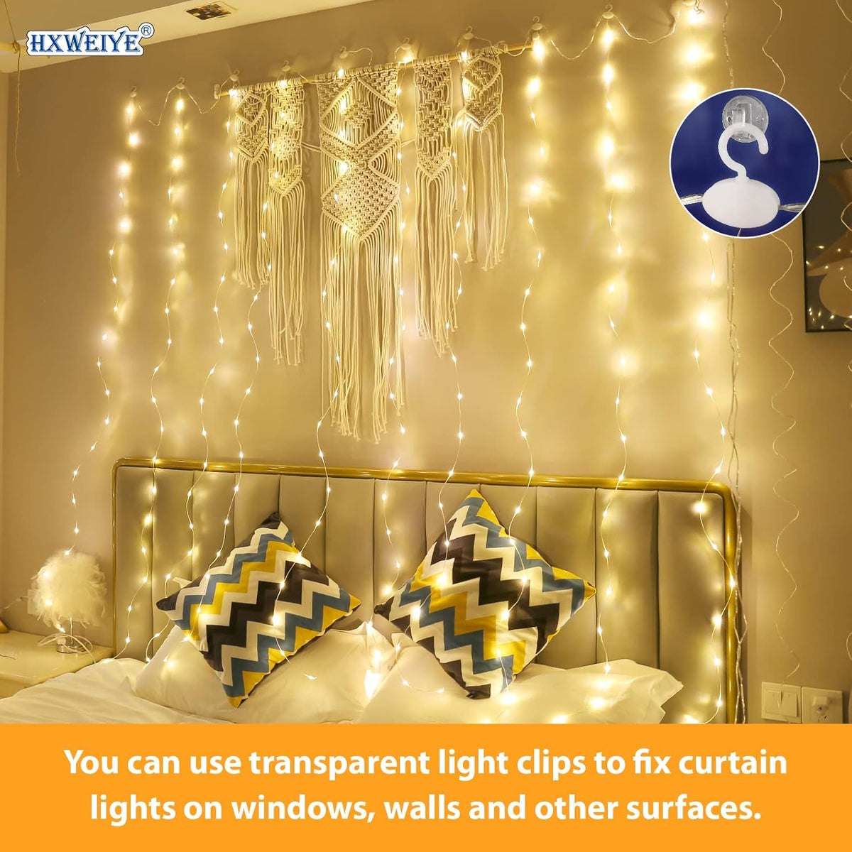 HXWEIYE 300LED Fairy Curtain Lights for Bedroom Warm White, 3mx3m 8 Modes USB Plug in Window