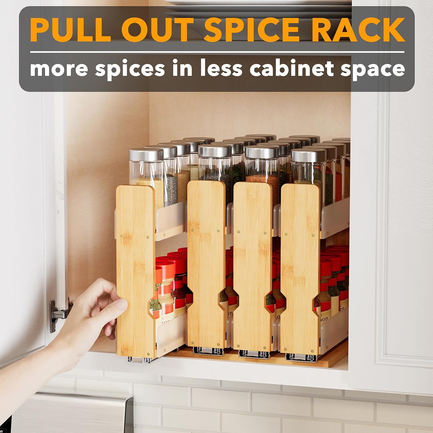 SpaceAid Bamboo Pull Out Spice Rack Organizer for Cabinet, Heavy Duty Slide Out Seasoning Kitchen