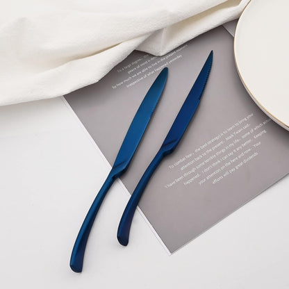 Luxury 18/10 Stainless Steel Matte Blue Flatware Set - Silverware Cutlery Utensil Set Steak Knife