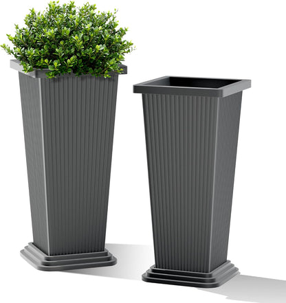 FENCY Set of 2 Tall Planters for Outdoor Plants, 24 Inch Large Tapered Pots with Drainage Trays