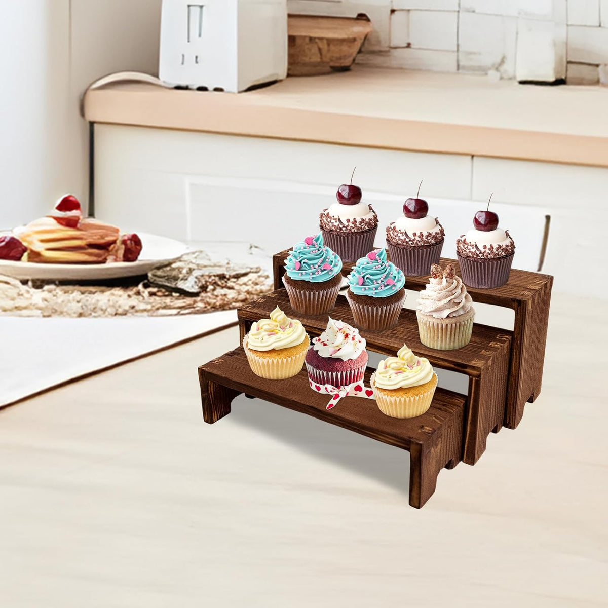 Display Wood Risers Wooden Stand 3 Tier Wood Racks Decorative Rectangular, 2 Set 6 Piece Cupcake
