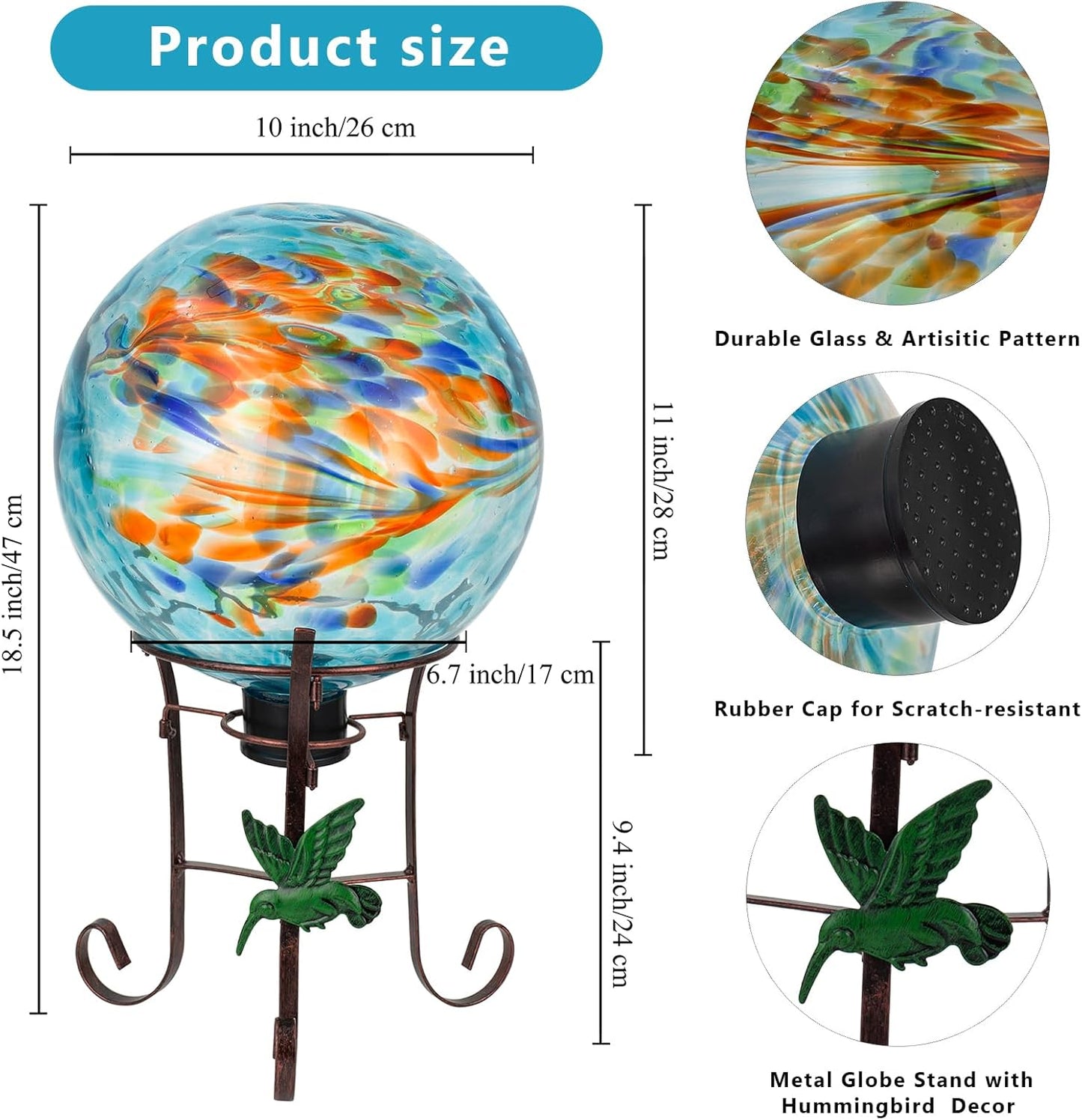 10 Inch Glass Gazing Ball, with 9.4" Tall Metal Gazing Globe Stand, Glass Balls Display Holder Set