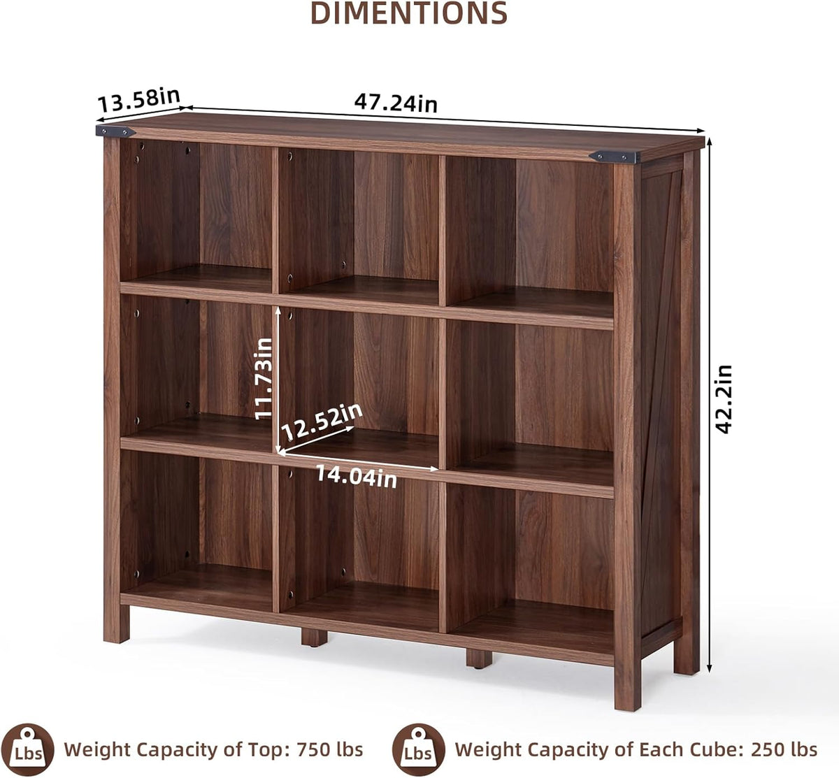 9 Cube Bookcase, Farmhouse 47 Inch Wide Brown Walnut Bookshelf, Wooden 3 Tier Display Large Open