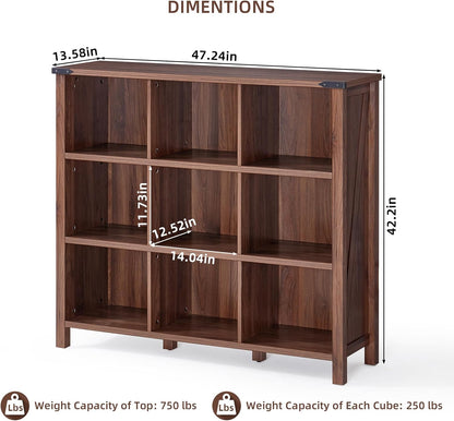 9 Cube Bookcase, Farmhouse 47 Inch Wide Brown Walnut Bookshelf, Wooden 3 Tier Display Large Open