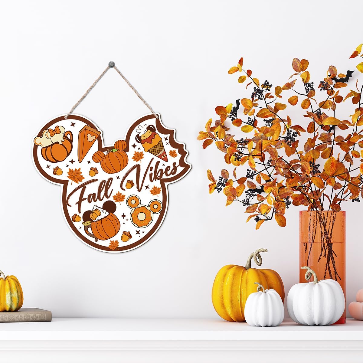 Fall Vibes Door Hanger, Fall Mouse Welcome Door Sign, Wooden Maple Leaves Mushroom Hanging Decor