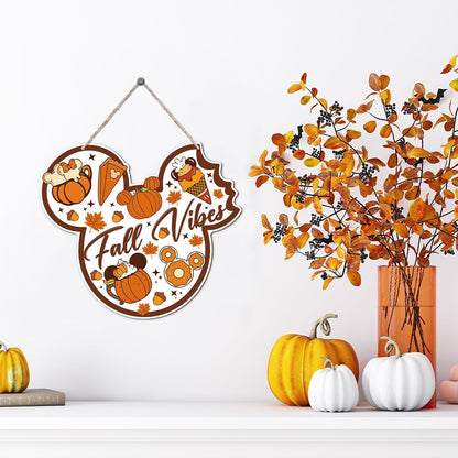 Fall Vibes Door Hanger, Fall Mouse Welcome Door Sign, Wooden Maple Leaves Mushroom Hanging Decor