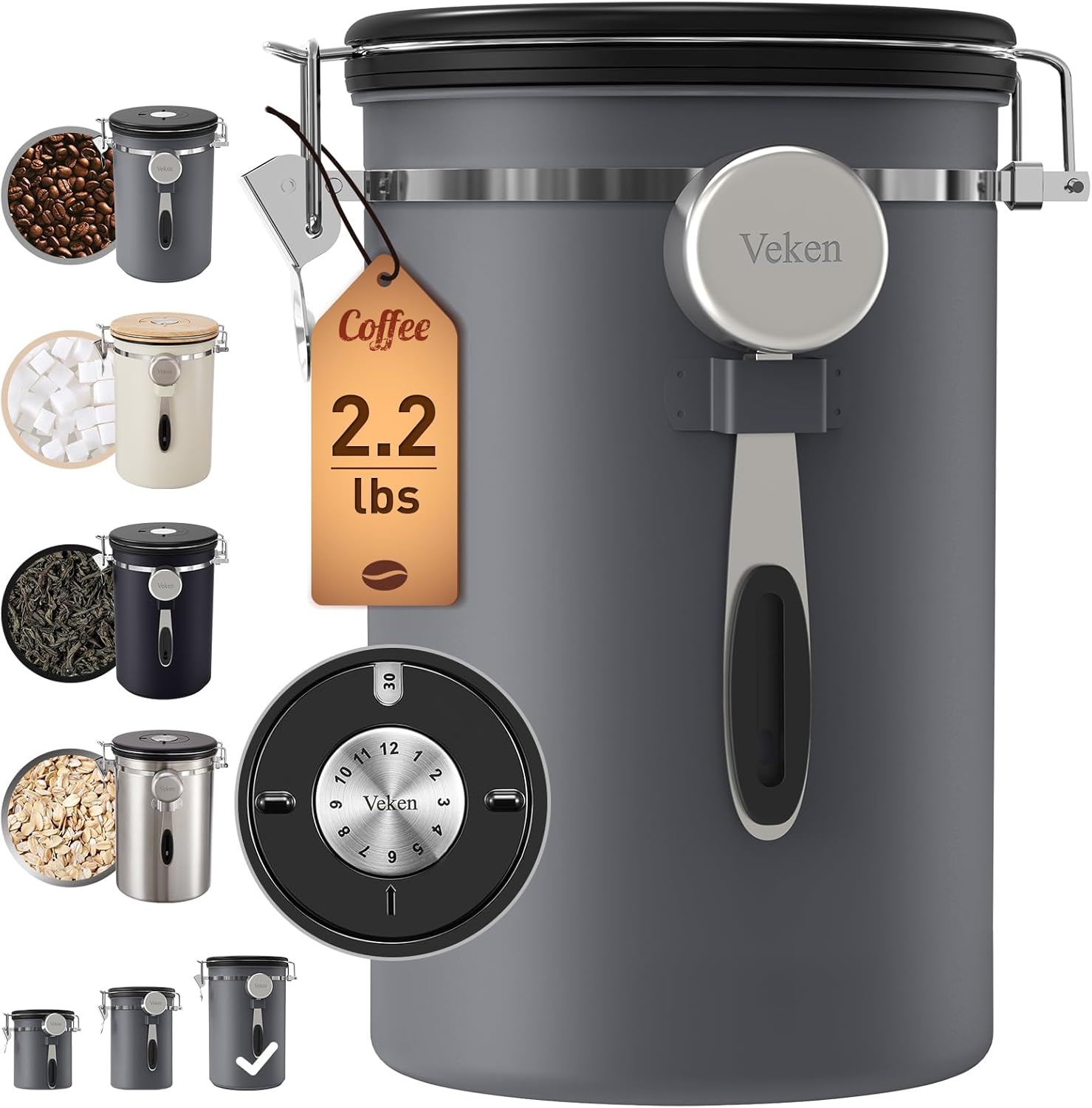 Veken Coffee Canister, 39OZ Large, Airtight Stainless Steel Food Storage Container for 2.2lbs