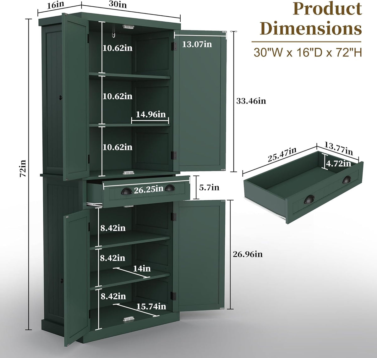 ARTPOWER 72" Tall Kitchen Pantry Storage Cabinet with Drawer and Adjustable Shelves, Pantry Cabinet