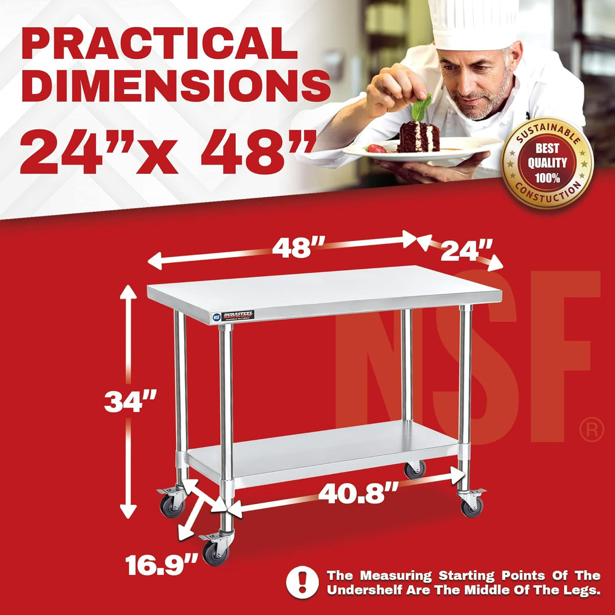 DuraSteel 24x48 NSF Stainless Steel Cart - Heavy Duty Food Prep Table with Undershelf - Rolling