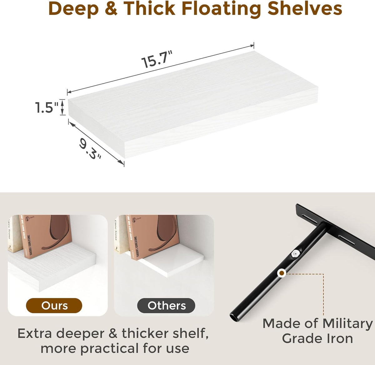 Fun Memories White Floating Shelves 16 Inch Long, 9 Inch Deep Wall Shelf for Bathroom, 16 x 9