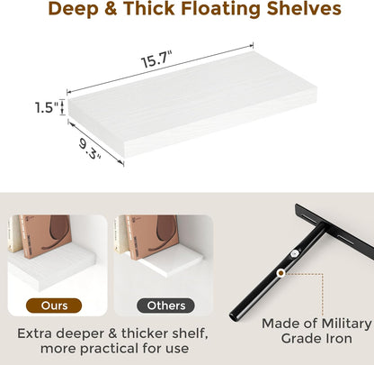 Fun Memories White Floating Shelves 16 Inch Long, 9 Inch Deep Wall Shelf for Bathroom, 16 x 9