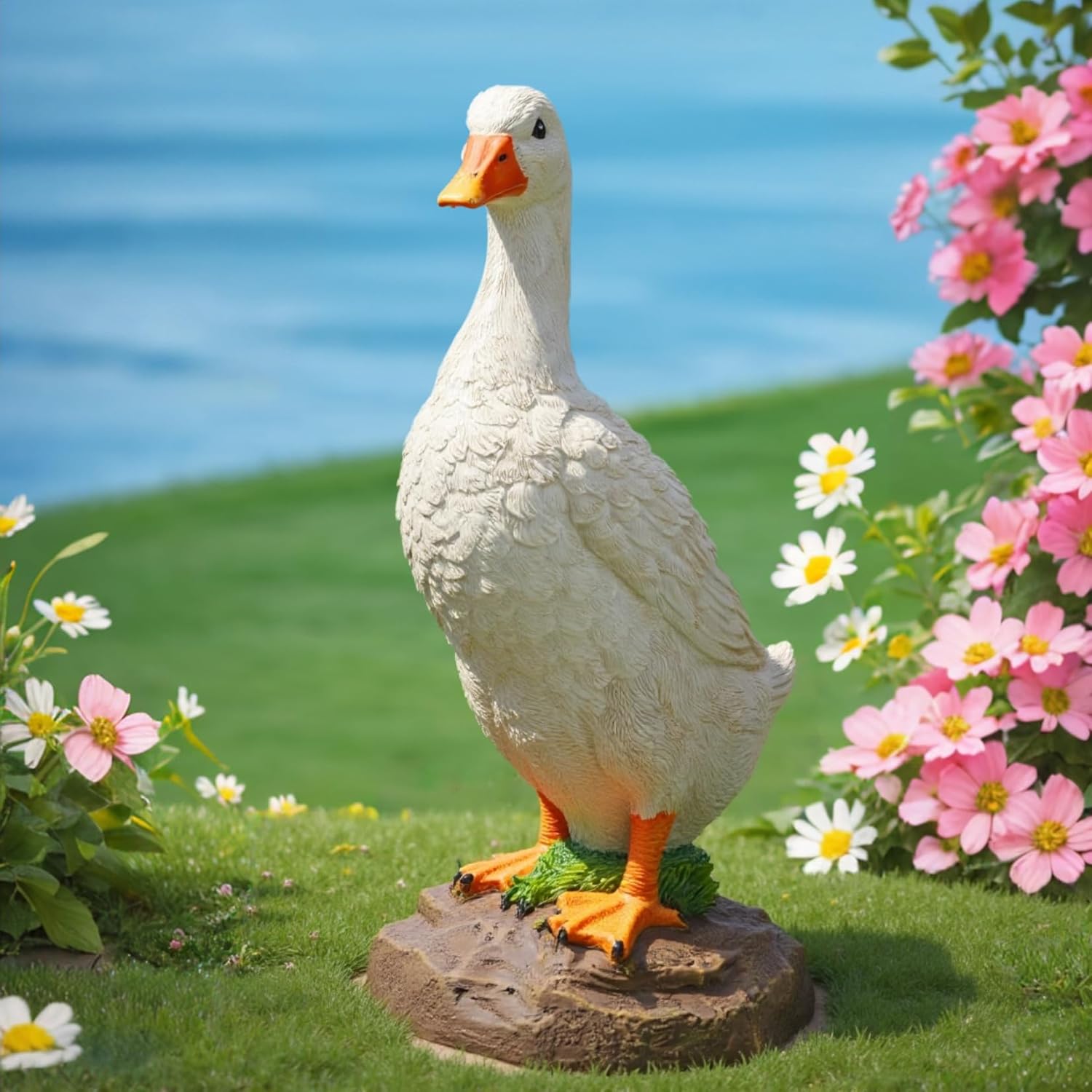 Elenon Goose Statue Garden Decorative, 11 inch High Adorable Flower Bed Outdoor Decor, Yard Patio