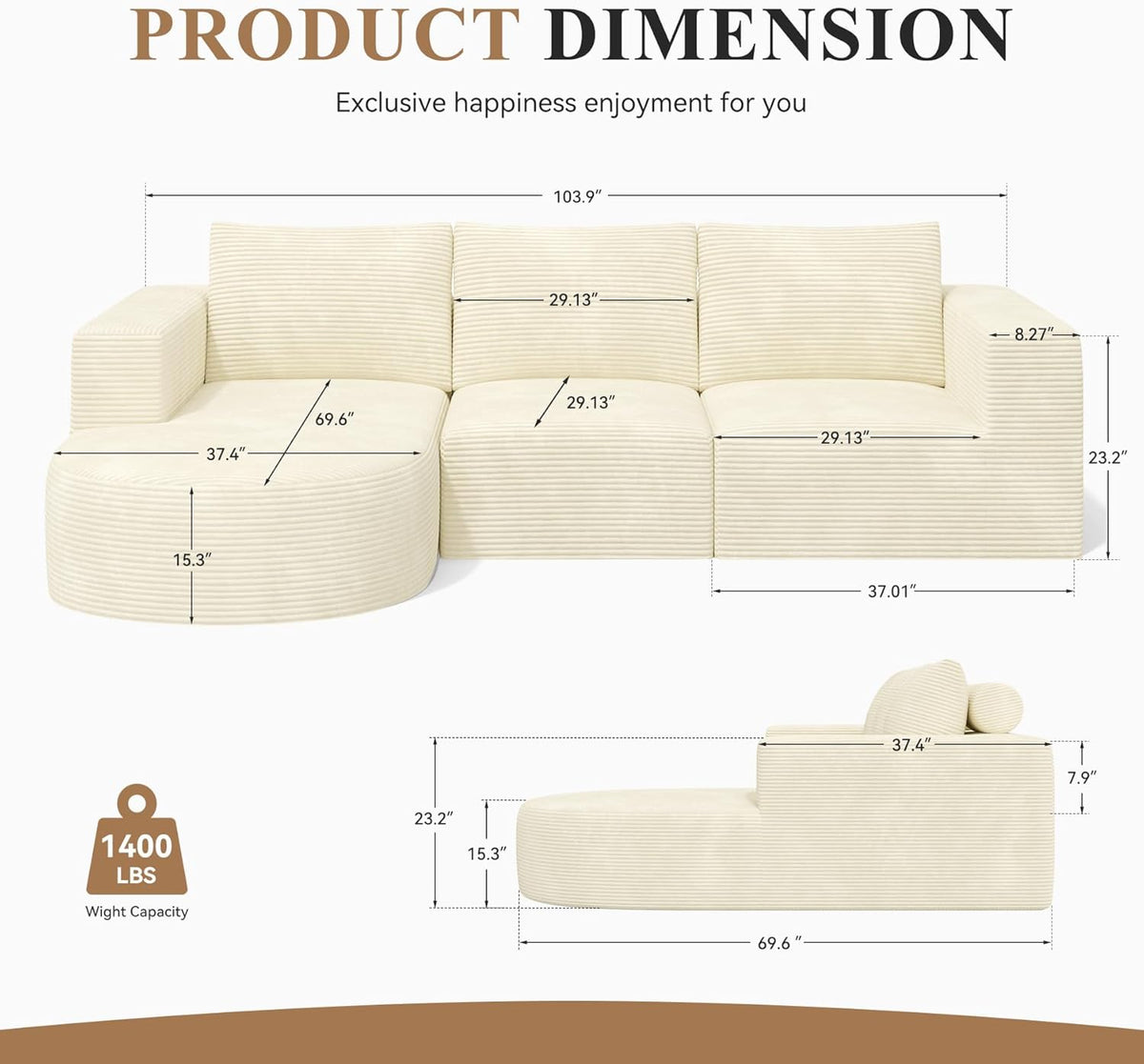 Modular Sectional Sofa with L-Shape Chaise,Cloud Sectional Modern Sleeper Couch with Deep