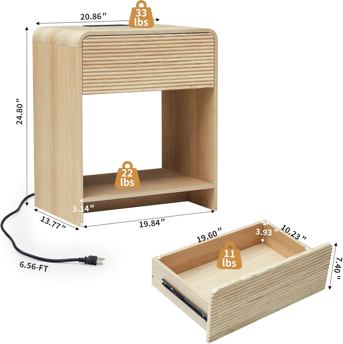 Fluted Nightstand with Charging Station, Mid Century Modern Bed Side Table End Table with Drawer