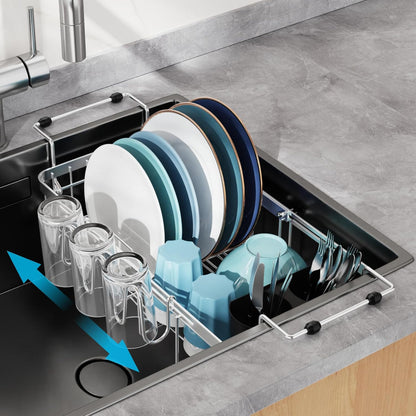 GSlife Expandable in Sink Small Dish Drying Rack - Stainless Steel Capacity Adjustable Over The