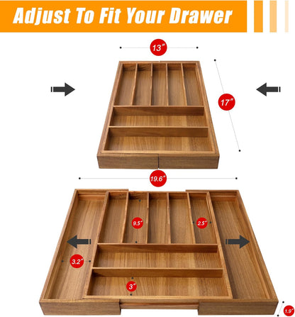 Bellsal Large Premium Acacia Wood Silverware Organizer - Expandable Utensil Drawer Organizer