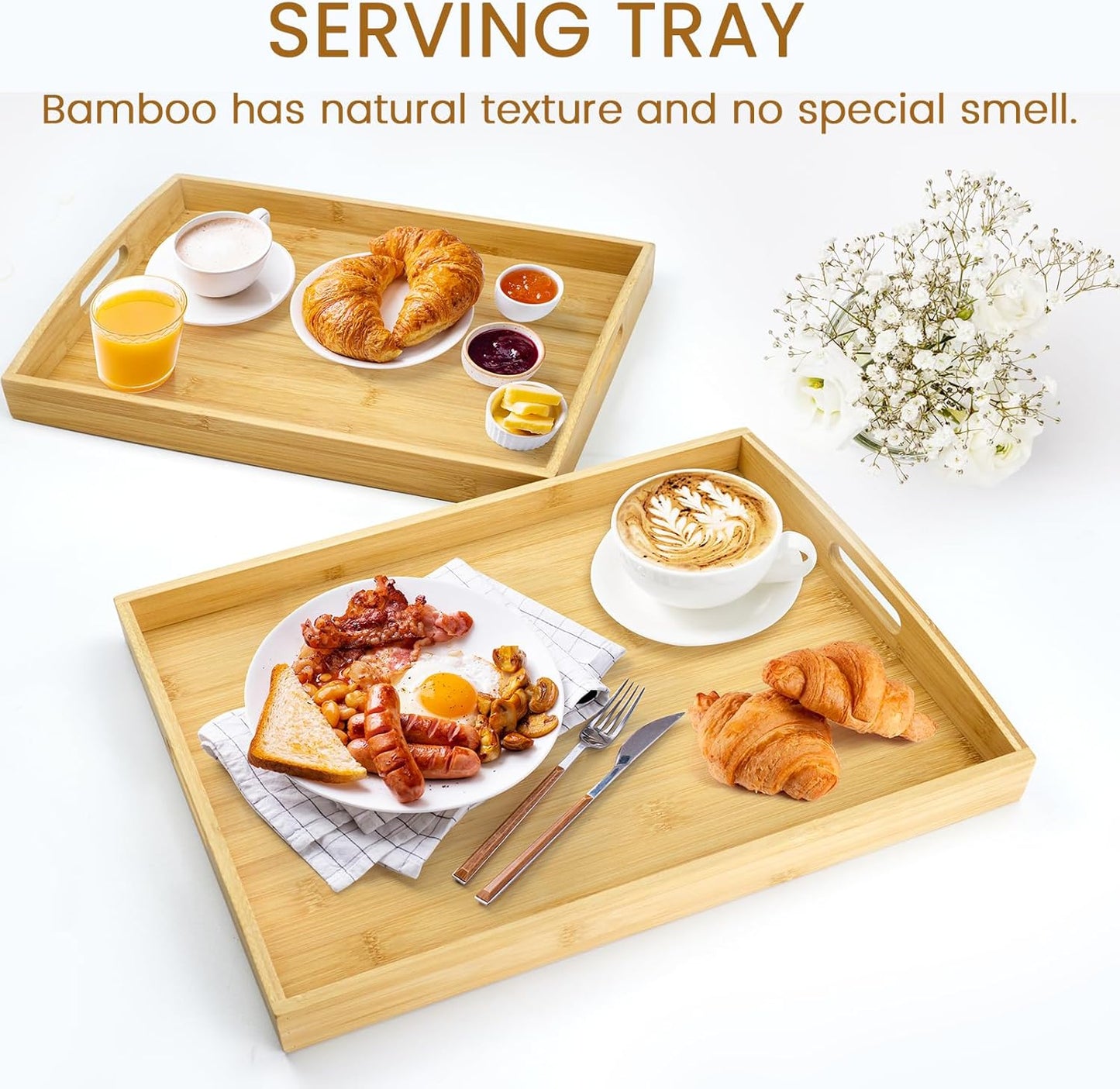GOLD HONEY Bamboo Serving Tray with Handles Set of 2 - Decorative Wooden Tray for Living Room