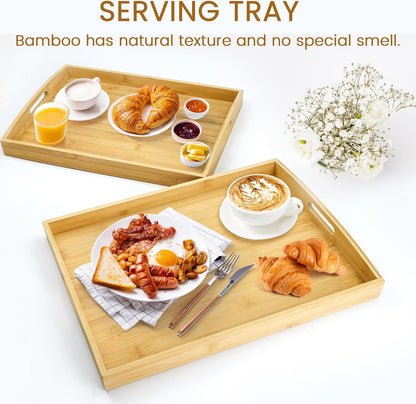 GOLD HONEY Bamboo Serving Tray with Handles Set of 2 - Decorative Wooden Tray for Living Room