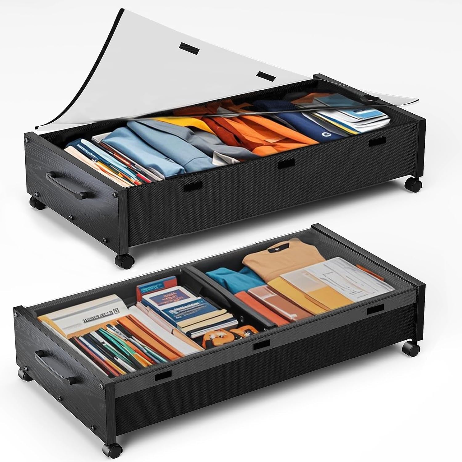 Wooden Under Bed Storage with Wheels, 80L Extra-large Rolling Under the Bed Storage Bins 2 Pack