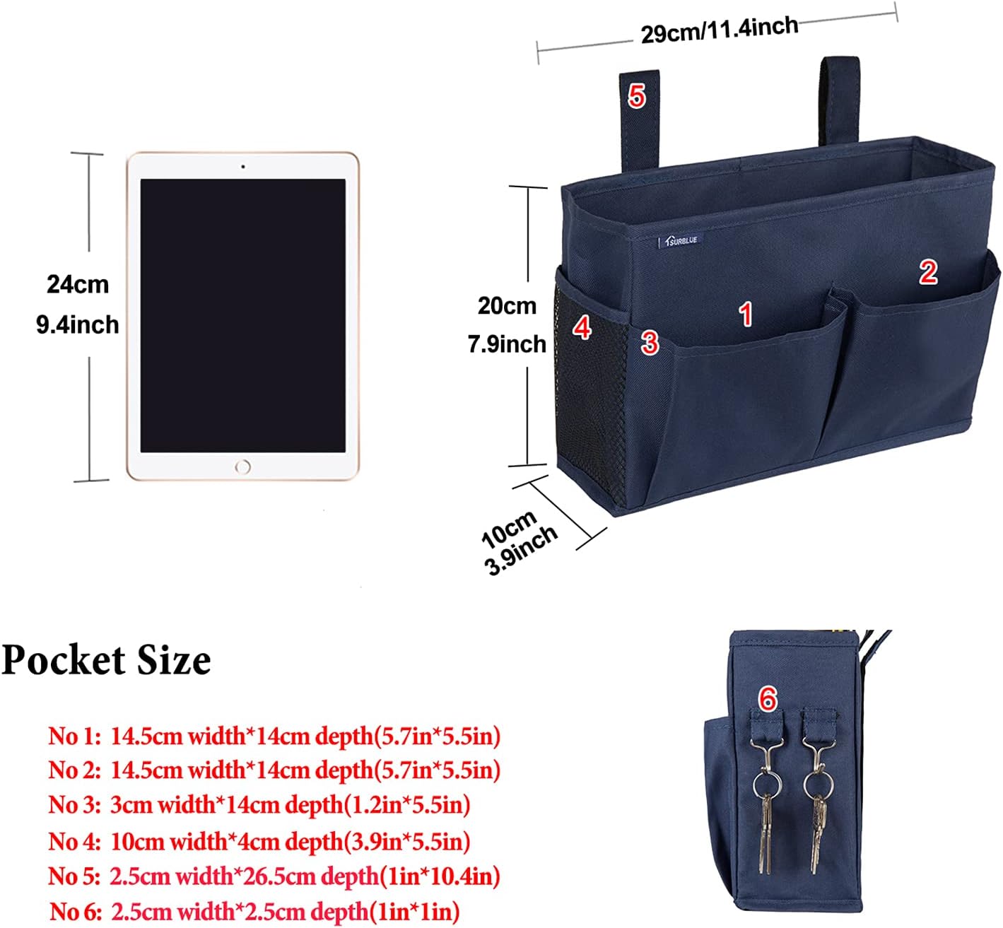 Surblue Bedside Caddy Hanging Organizer Storage Bag Pocket for Bunk, Hospital, College Dorm Rooms