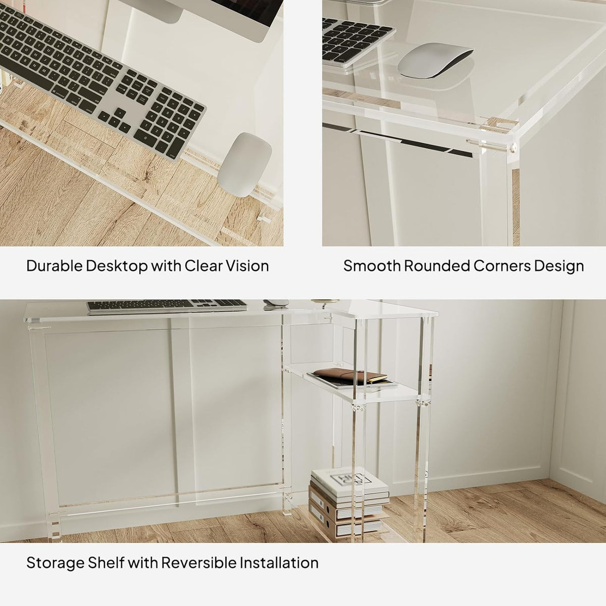 Eglaf Acrylic L-Shaped Desk - Clear Desk with Reversible Storage Shelves - Modern Home Office Desk