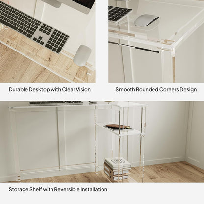 Eglaf Acrylic L-Shaped Desk - Clear Desk with Reversible Storage Shelves - Modern Home Office Desk
