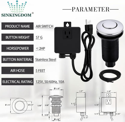 Garbage Disposal SinkTop Air Switch Kit with Long Button,Brass Made Cover,Chrome