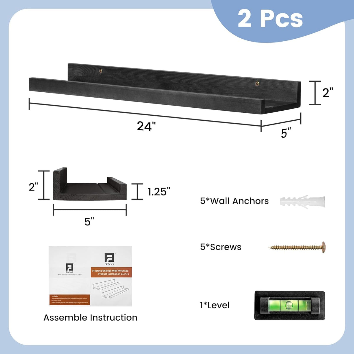 Picture Ledge Shelf for Wall, 24 inch Solid Pine Wood Nursery Book Shelves 2 Packs, Floating Ledge