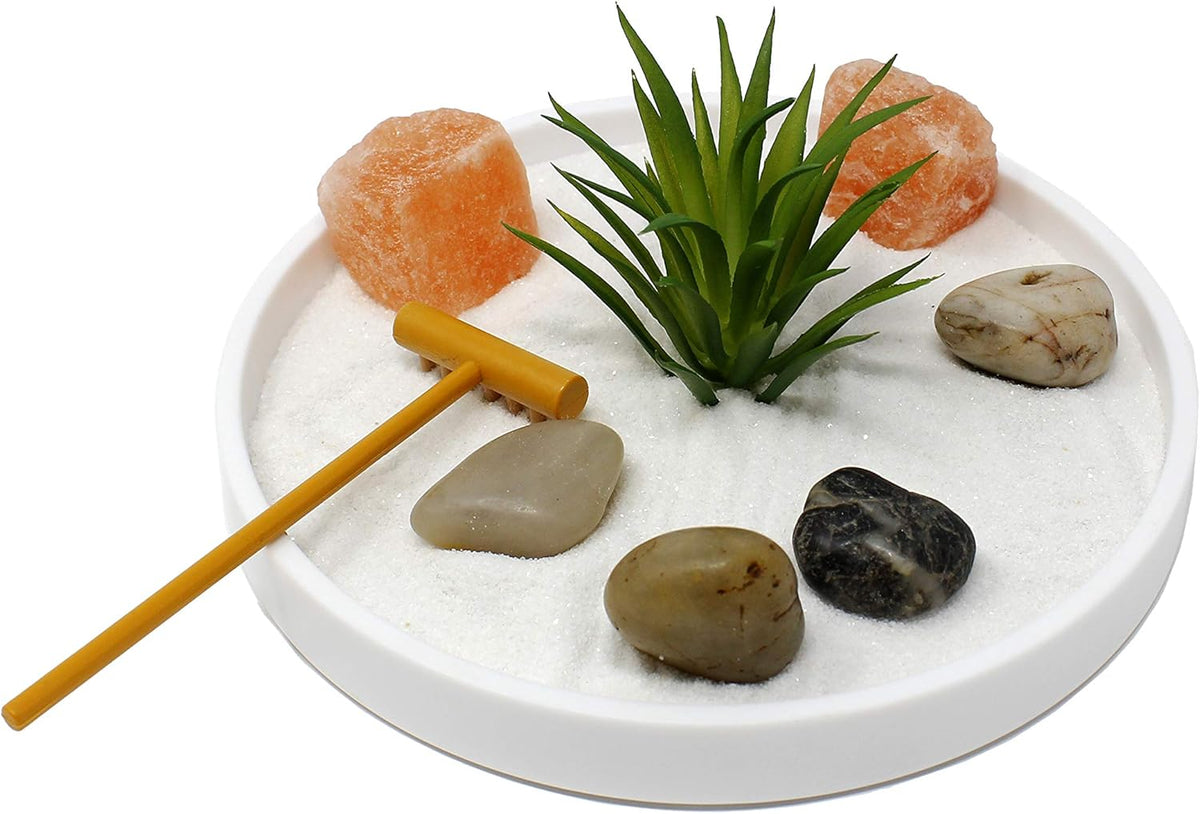 Nature's Mark Mini Zen Garden Kit for Desk with White Sand, Rake, White Base, Salt Rock and Air