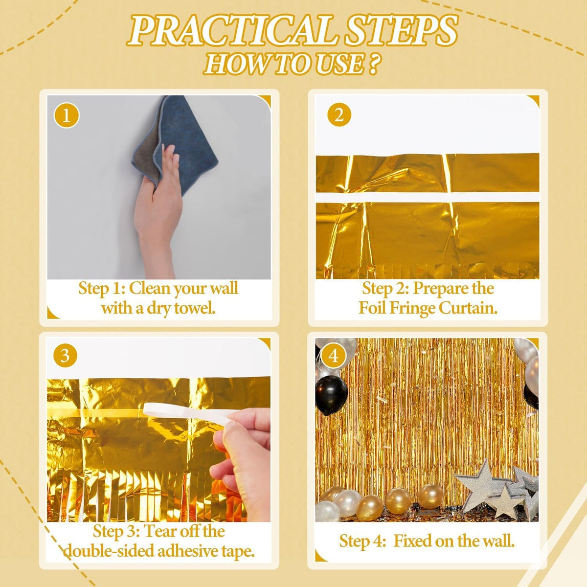 3 Pack Foil Fringe Backdrop - Gold Shiny Tinsel Curtains for Party Decoration/Photo Booth Props