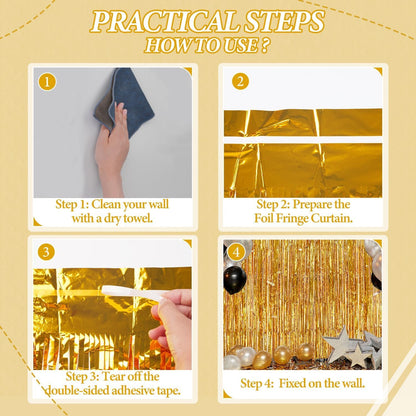 3 Pack Foil Fringe Backdrop - Gold Shiny Tinsel Curtains for Party Decoration/Photo Booth Props